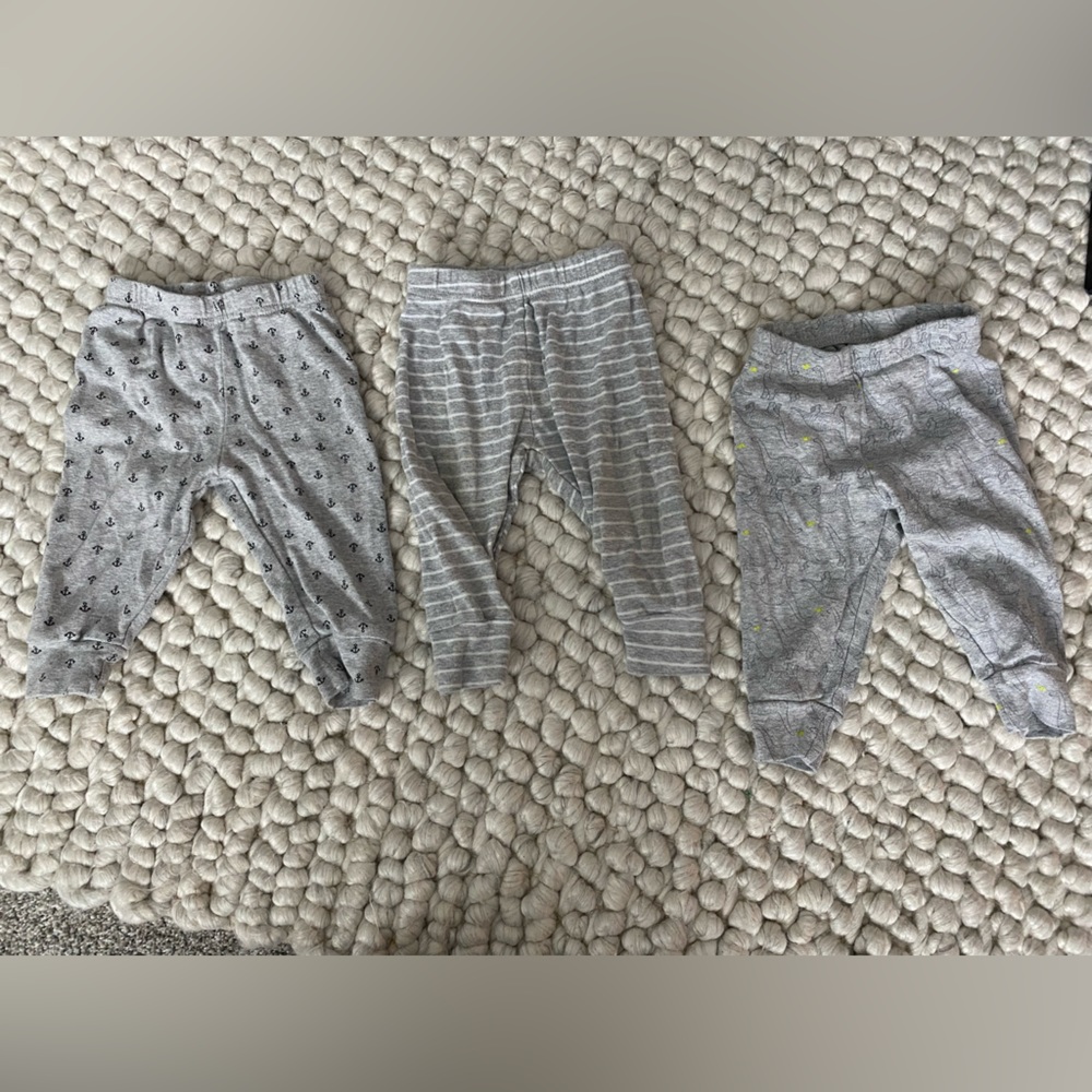 3 grey pants (striped, dinosaur, anchor) by Carters simple joy.